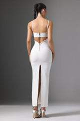 Gelsomina White Maxi Dress with Cutout Design and Beaded Detailing