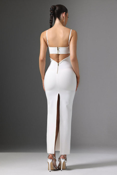 Gelsomina White Maxi Dress with Cutout Design and Beaded Detailing