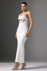 Gelsomina White Maxi Dress with Cutout Design and Beaded Detailing