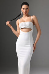 Gelsomina White Maxi Dress Cutout Beaded Detailing Spaghetti Straps