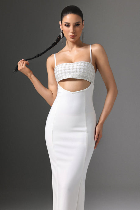 Gelsomina White Maxi Dress Cutout Beaded Detailing Spaghetti Straps