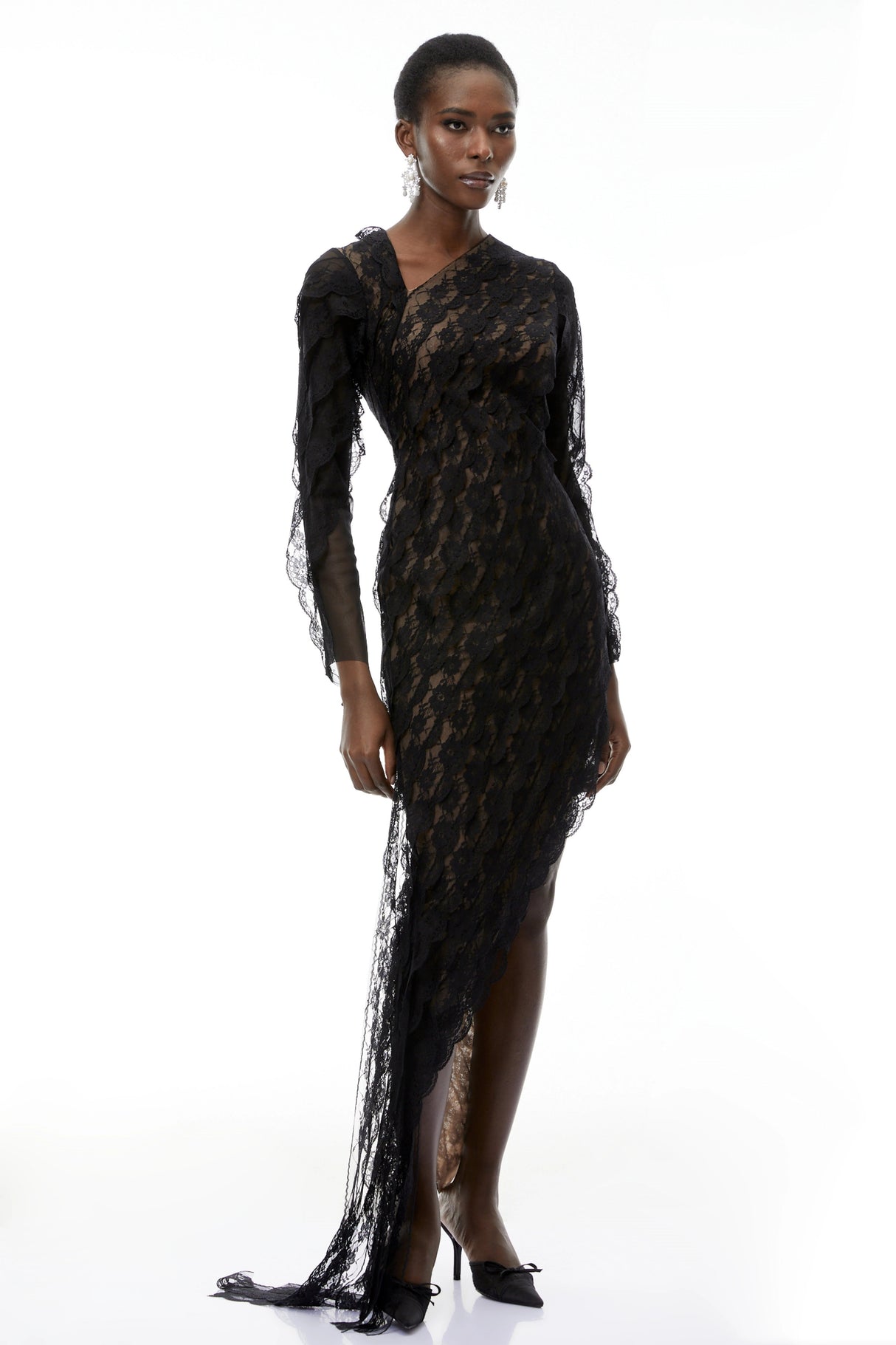 Gemma Black Floral Lace Asymmetrical Maxi Dress