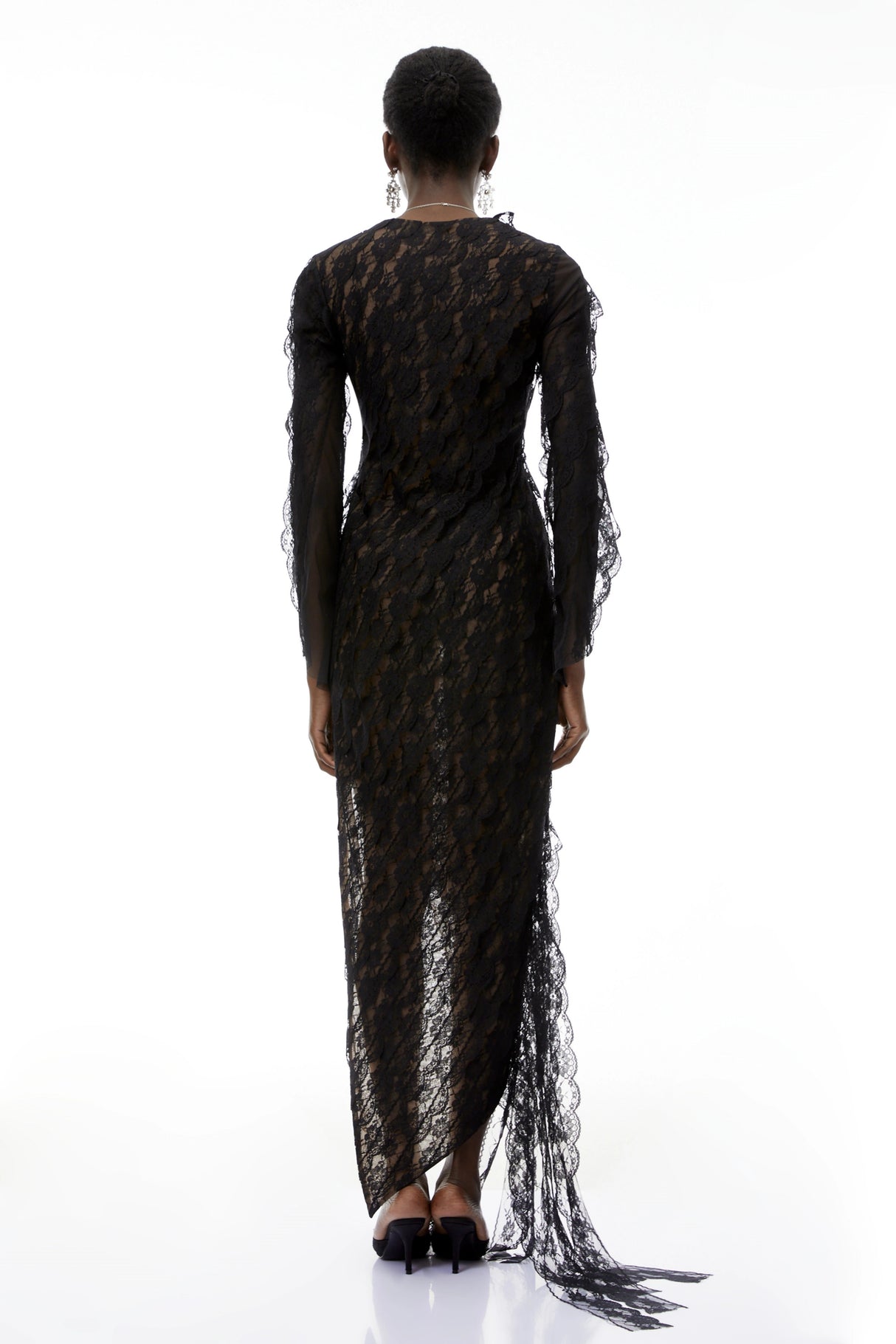 Gemma Black Floral Lace Asymmetrical Maxi Dress