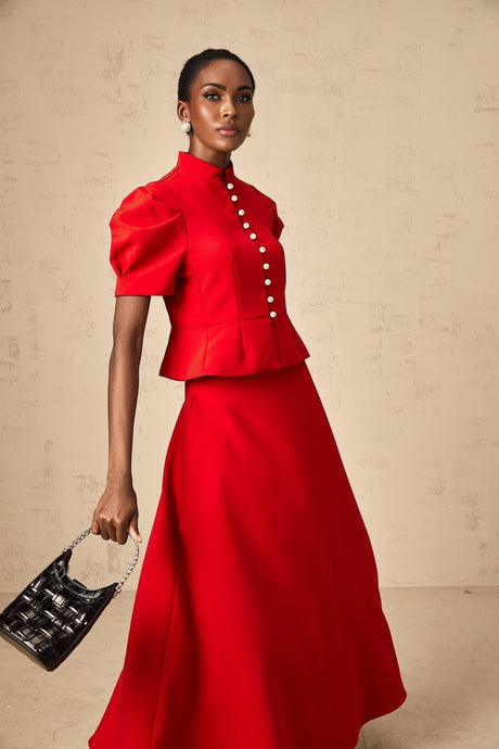 Gemma Blouse & Skirt - Crew Neck - Short Petal Sleeves - Pleated Detailing - Ruffled Trim