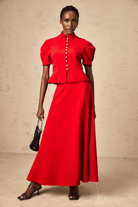 Gemma Blouse & Skirt - Crew Neck - Short Petal Sleeves - Pleated Detailing - Ruffled Trim