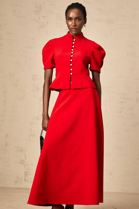 Gemma Blouse & Skirt - Crew Neck - Short Petal Sleeves - Pleated Detailing - Ruffled Trim