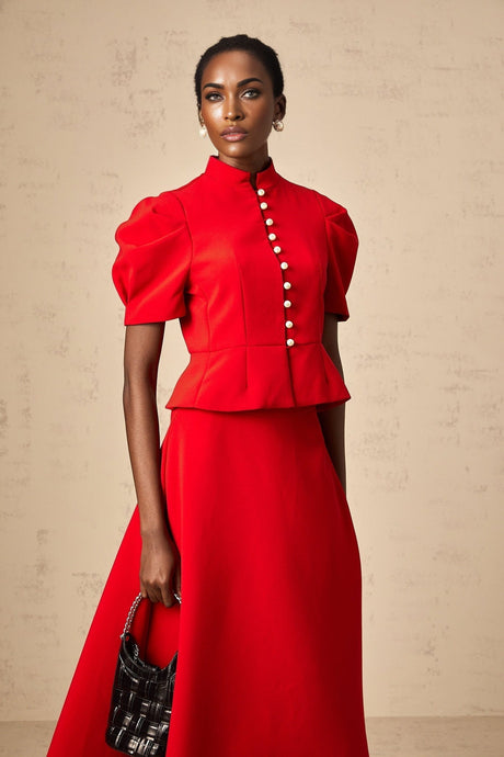 Gemma Blouse & Skirt - Crew Neck - Short Petal Sleeves - Pleated Detailing - Ruffled Trim