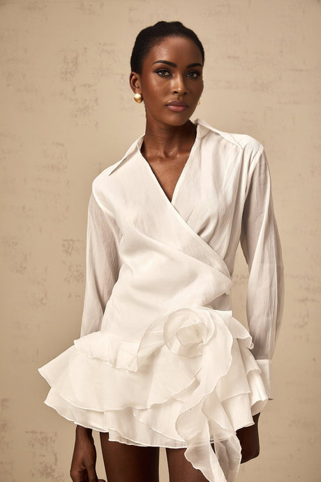 Gemma Mini Dress - Lapel Detailing - Tiered Design - Ruffled Trim - Faux - Flower Embellishment - Ribbon Accents