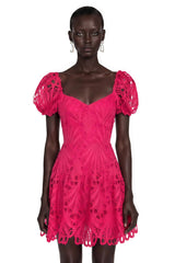 Gemma Pink Eyelet Lace Puff Sleeves Mini Dress
