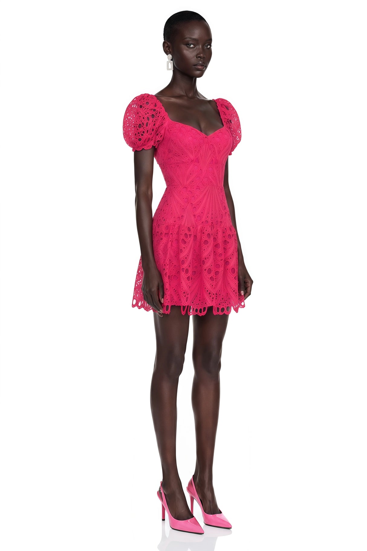 Gemma Pink Eyelet Lace Puff Sleeves Mini Dress