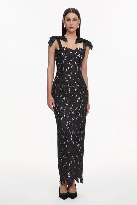 Gemmina Black Lace Maxi Dress with Bows for Women