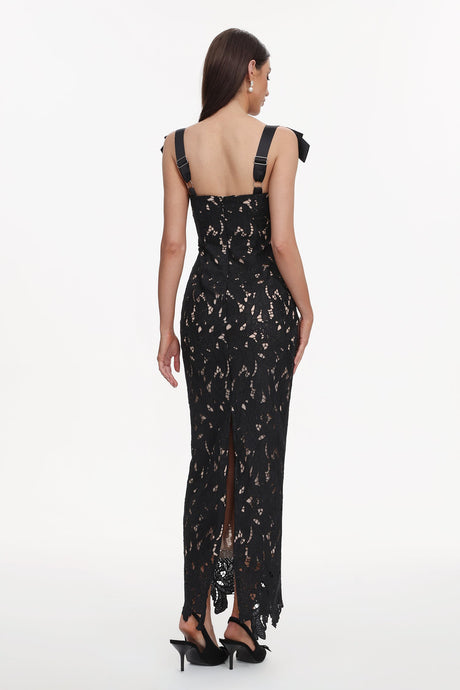 Gemmina Black Lace Maxi Dress with Bows for Women