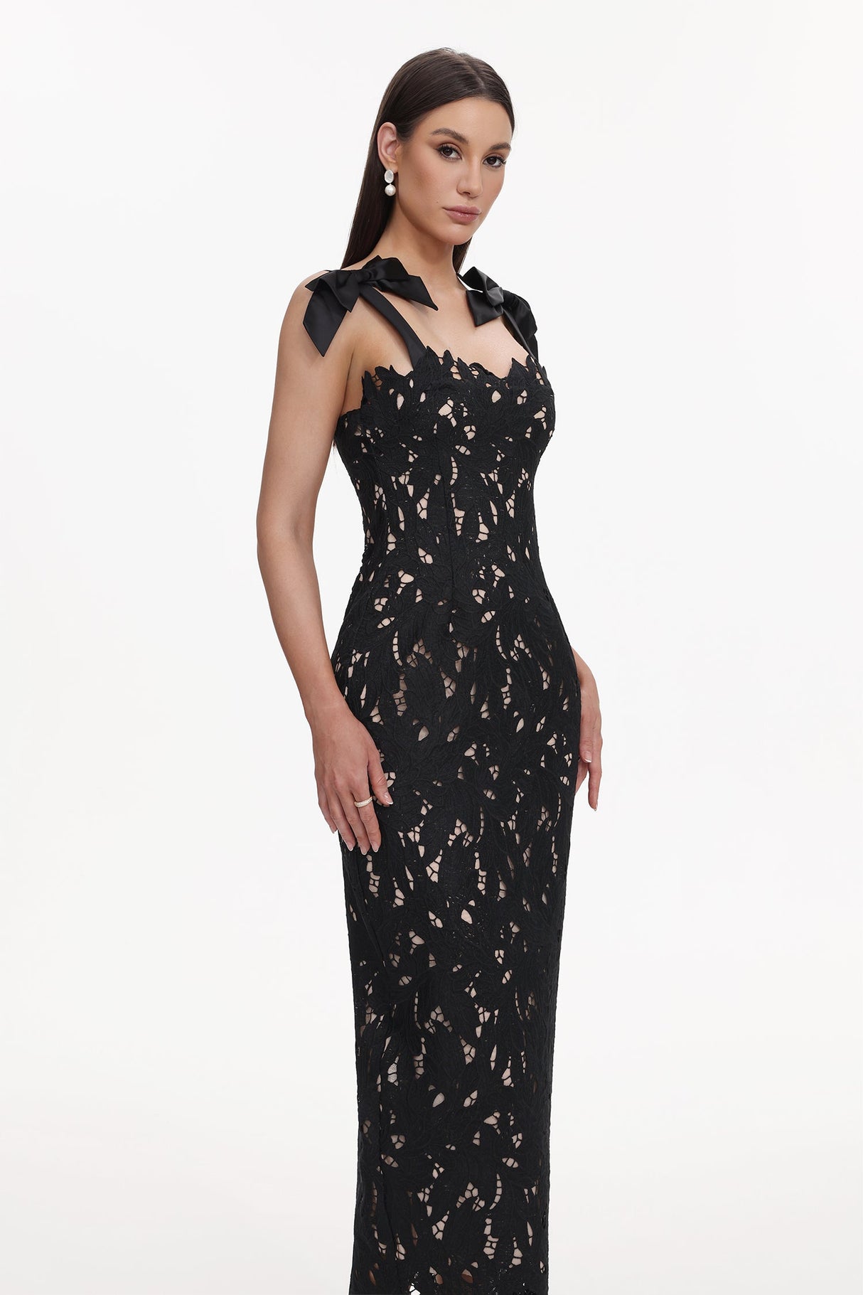 Gemmina Black Lace Maxi Dress with Bows for Formal Occasions