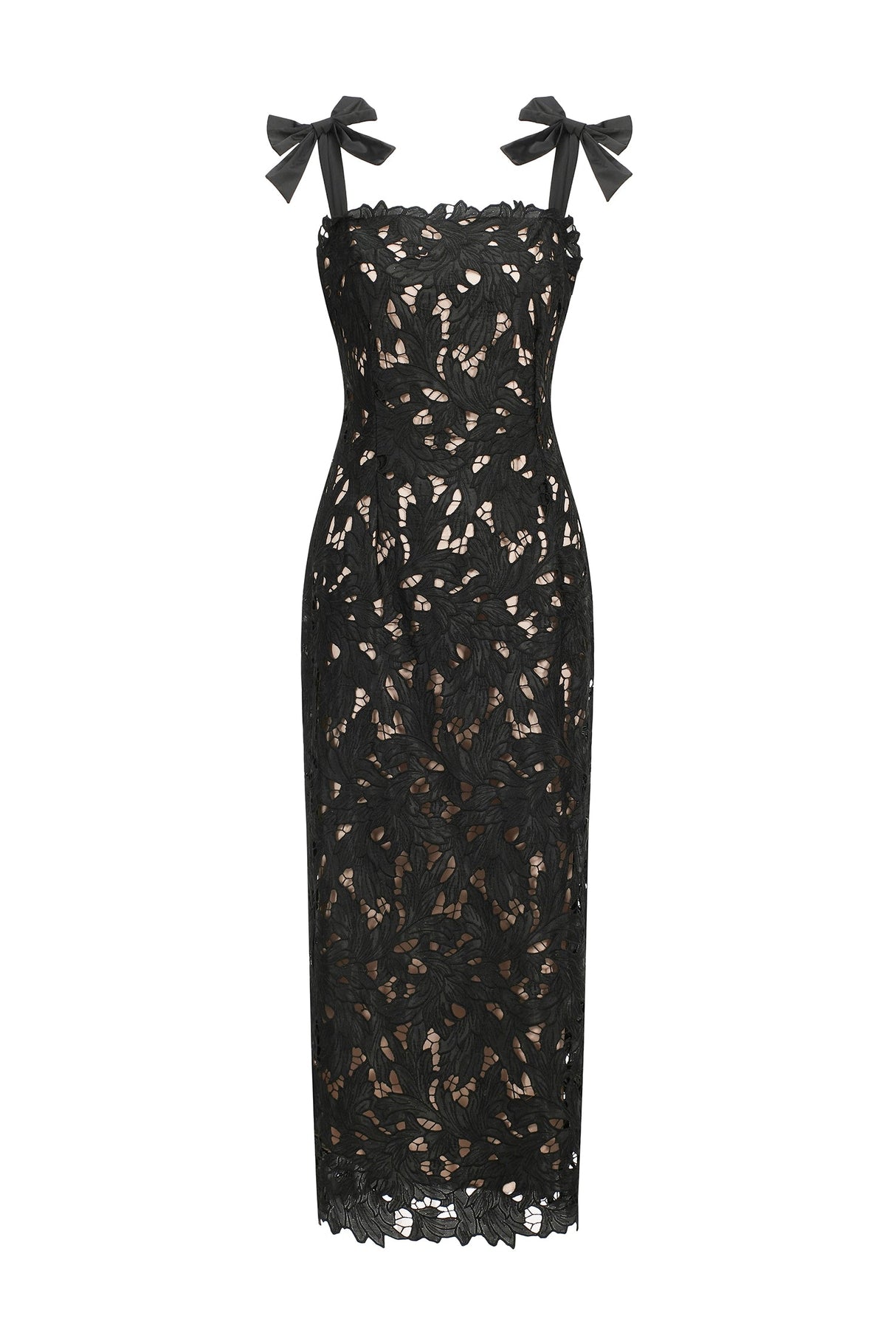 Gemmina Black Lace Overlay Maxi Dress with Bows for Formal Occasions