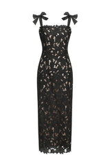 Gemmina Black Lace Overlay Maxi Dress with Bows for Formal Occasions