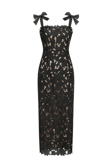 Gemmina Black Lace Overlay Maxi Dress with Bows for Formal Occasions