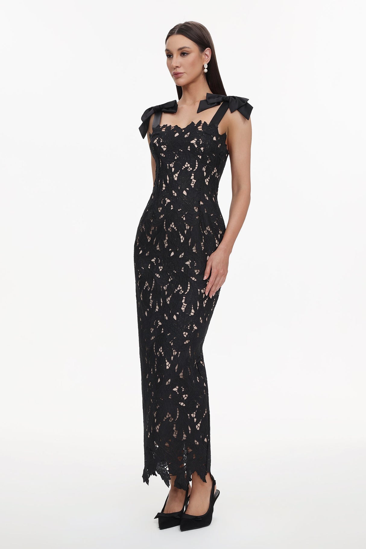 Gemmina Black Lace Overlay Sleeveless Maxi Dress with Bows