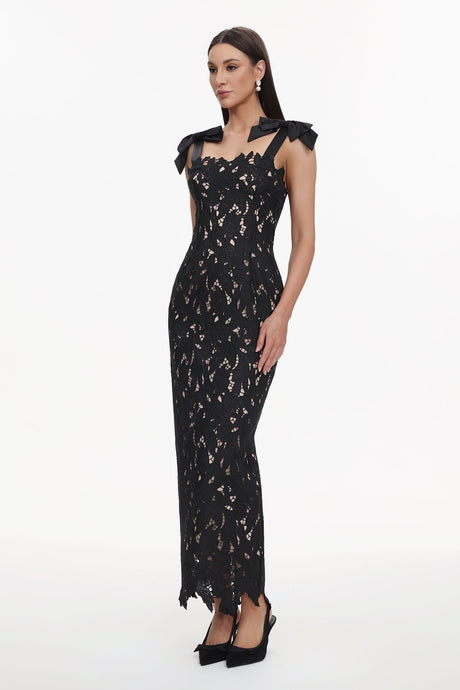 Gemmina Black Lace Overlay Sleeveless Maxi Dress with Bows