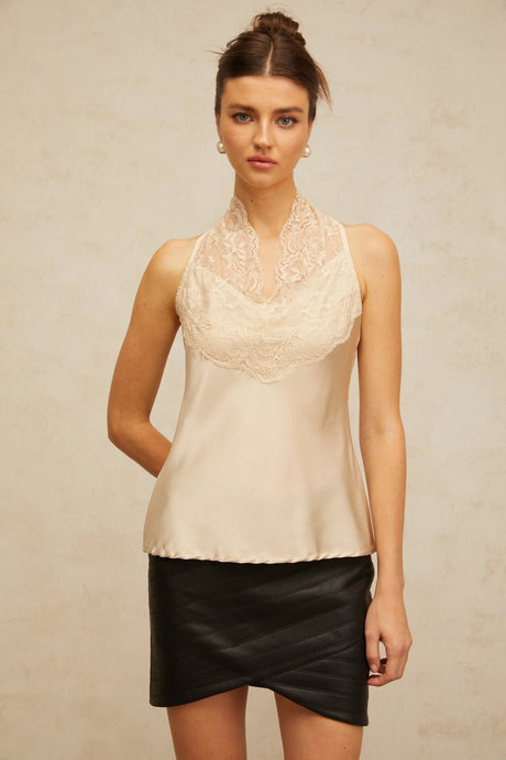 Gemmina Top Floral Lace Panelled Satin Neutrals