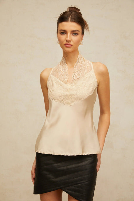 Gemmina Top Floral Lace Panelled Satin Neutrals