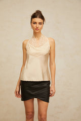 Gemmina Top Floral Lace Panelled Satin Neutrals