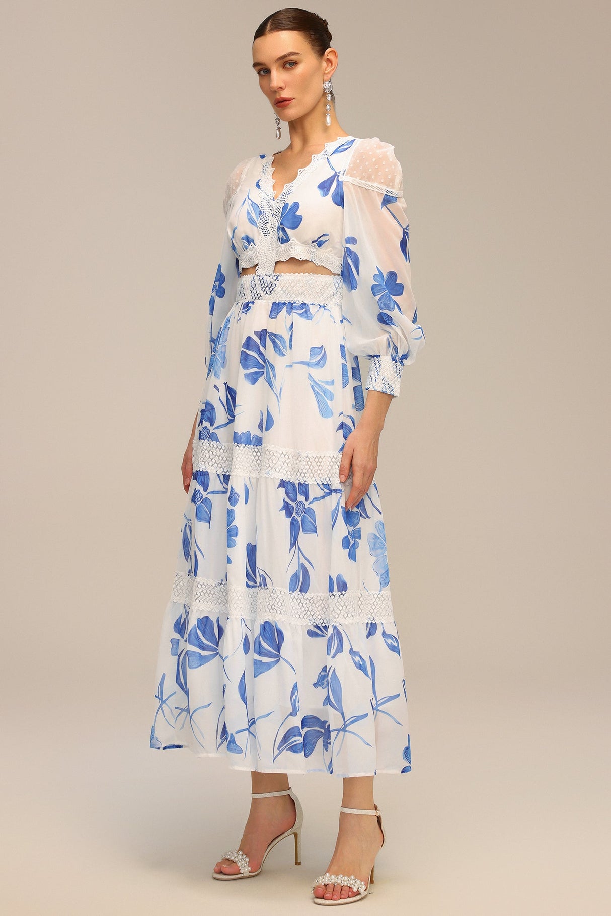 Gemmina White Floral Print Maxi Dress with Cut-Out Waist and Lace Accents