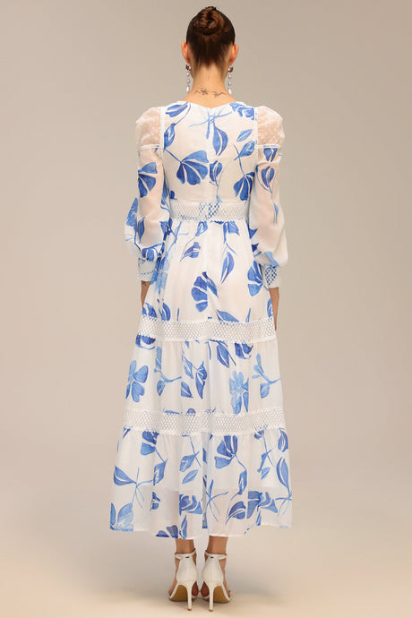 Gemmina White Floral Print Maxi Dress with Cut-Out Waist and Lace Accents