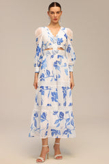 Gemmina White Floral Print Maxi Dress with Lace Accents