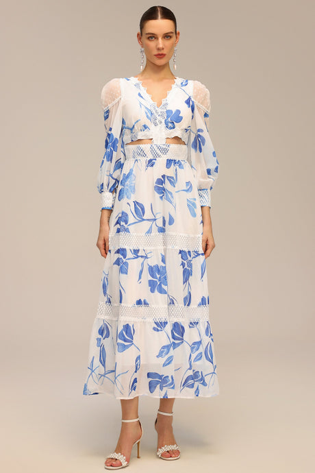 Gemmina White Floral Print Maxi Dress with Lace Accents