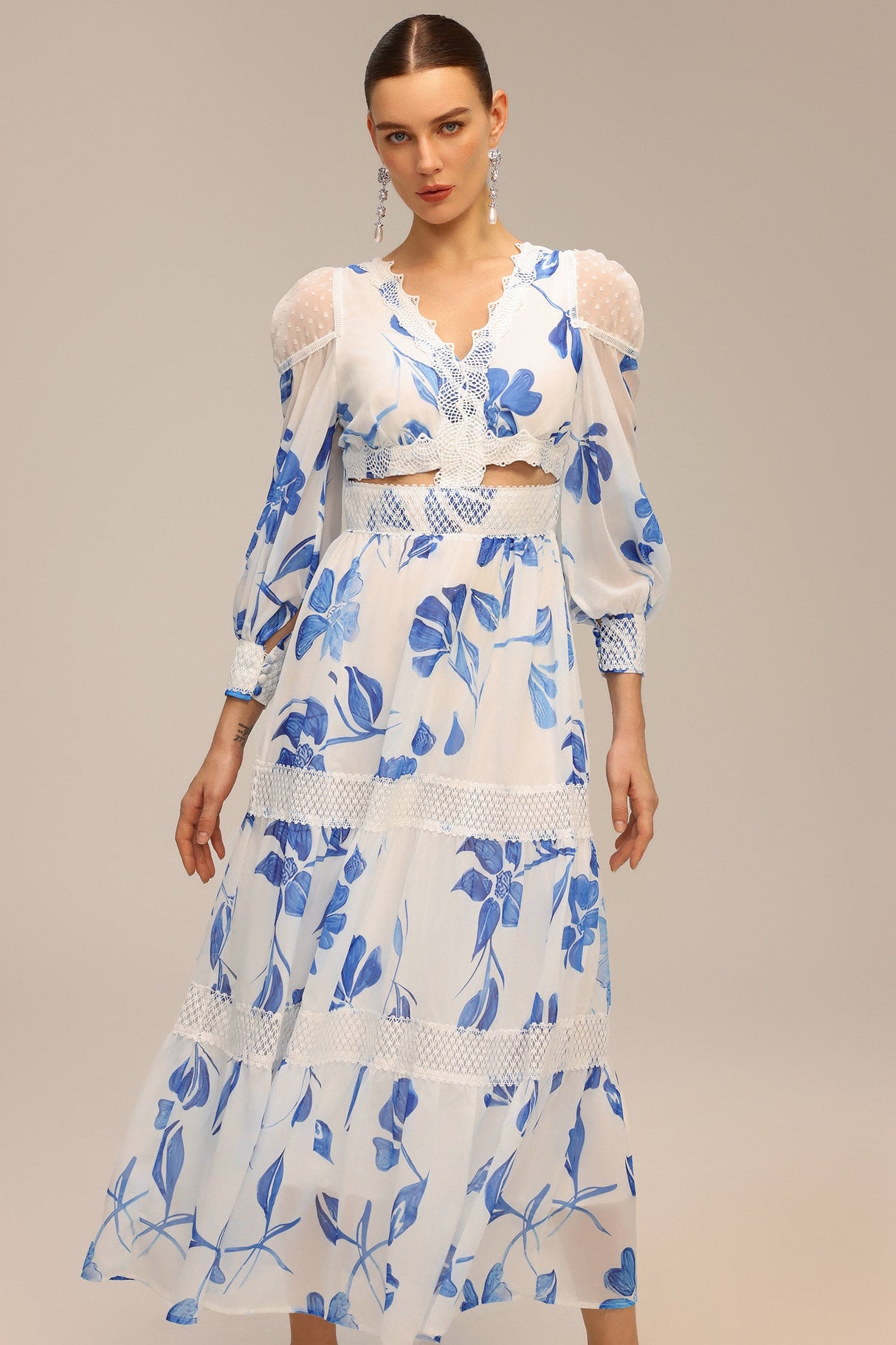 Gemmina White Floral Print Maxi Dress with Lace Accents