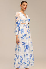 Gemmina White Floral Print Maxi Dress with Cut-Out Waist and Lace Accents