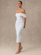 Genesis Midi Dress - Off The Shoulder - Wedding - Pencil Hem - Bodycon - Elegant