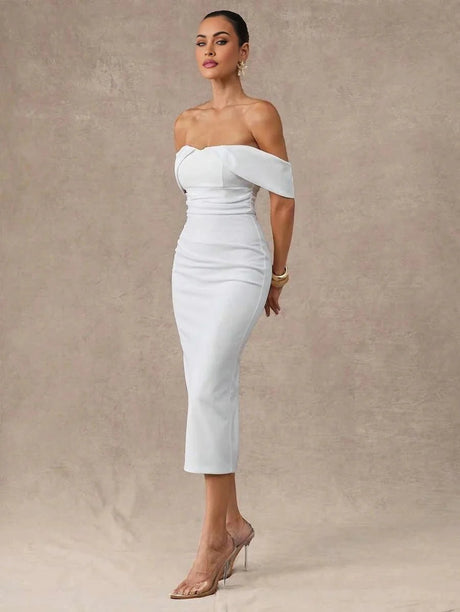 Genesis Midi Dress - Off The Shoulder - Wedding - Pencil Hem - Bodycon - Elegant