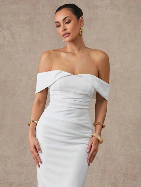 Genesis Midi Dress - Off The Shoulder - Wedding - Pencil Hem - Bodycon - Elegant