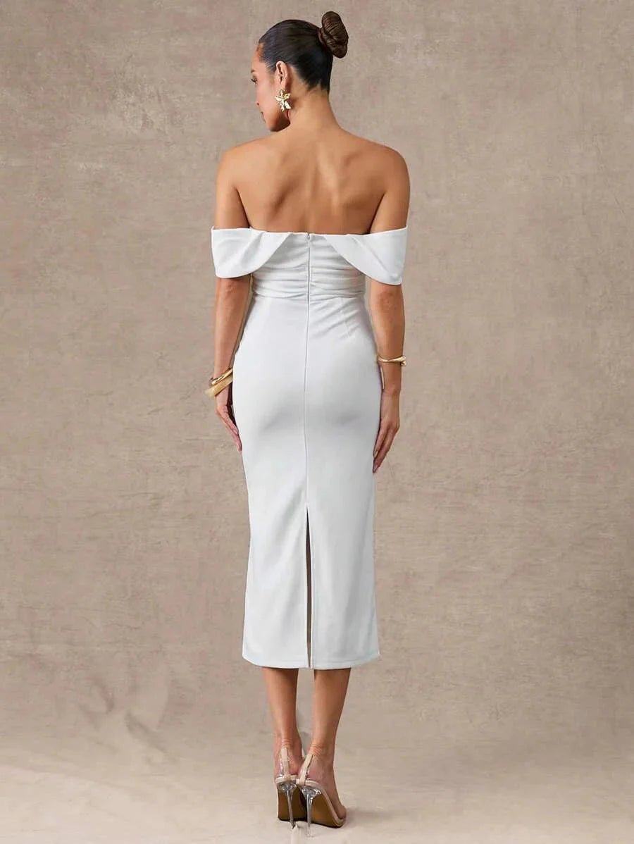 Genesis Midi Dress - Off The Shoulder - Wedding - Pencil Hem - Bodycon - Elegant