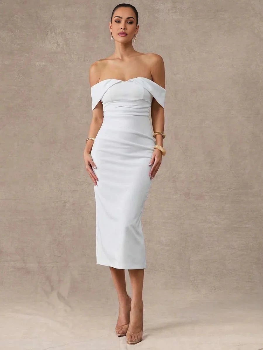 Genesis Midi Dress - Off The Shoulder - Wedding - Pencil Hem - Bodycon - Elegant