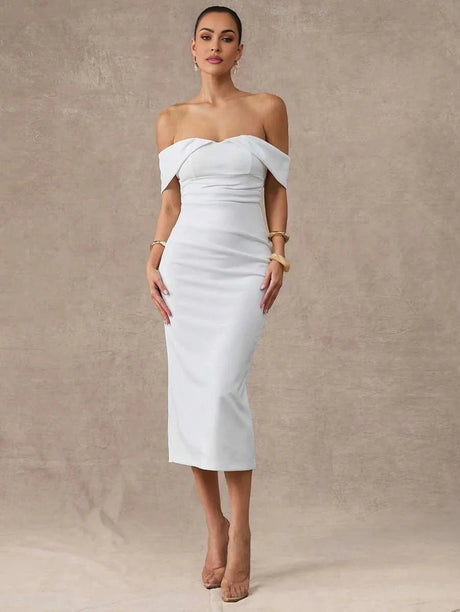 Genesis Midi Dress - Off The Shoulder - Wedding - Pencil Hem - Bodycon - Elegant
