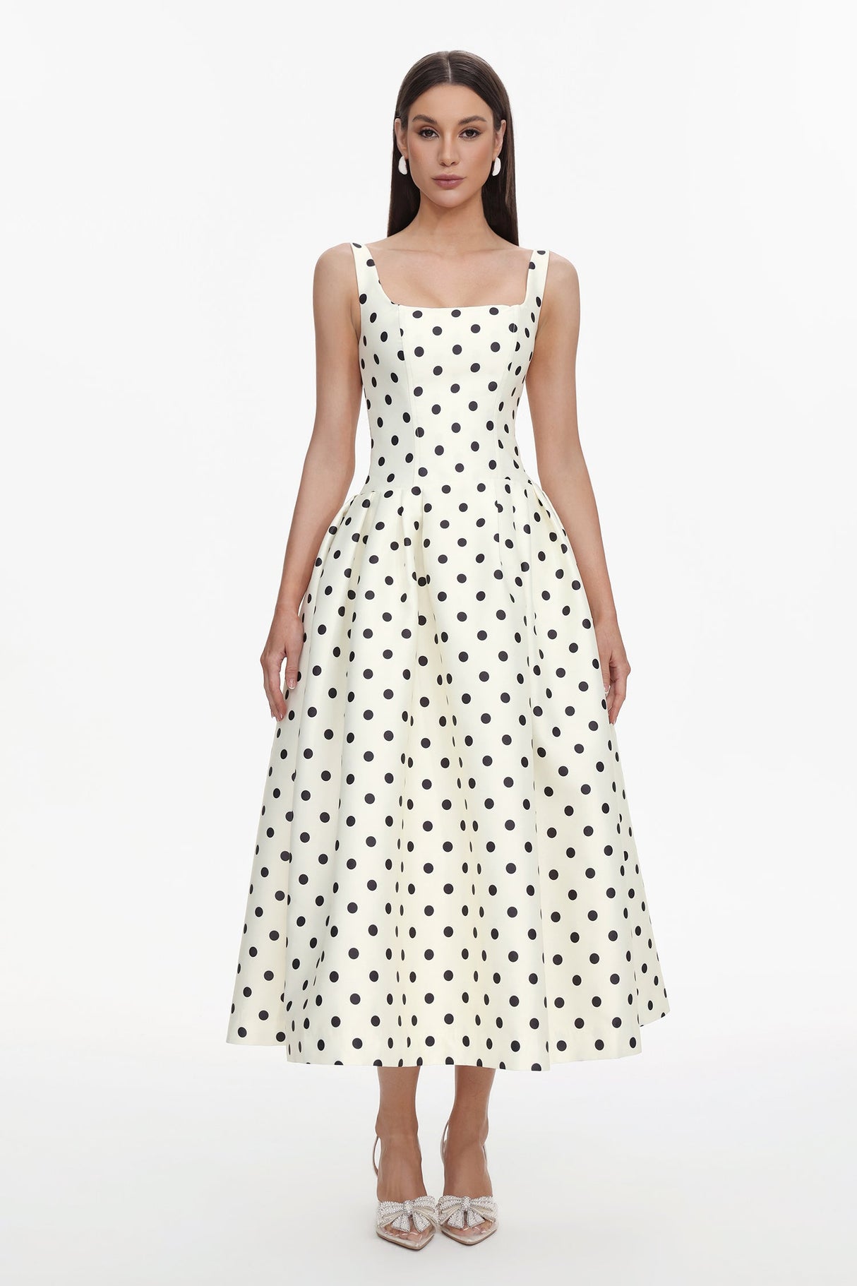 Genesis White Polka Dot Sleeveless Maxi Dress Square Neckline