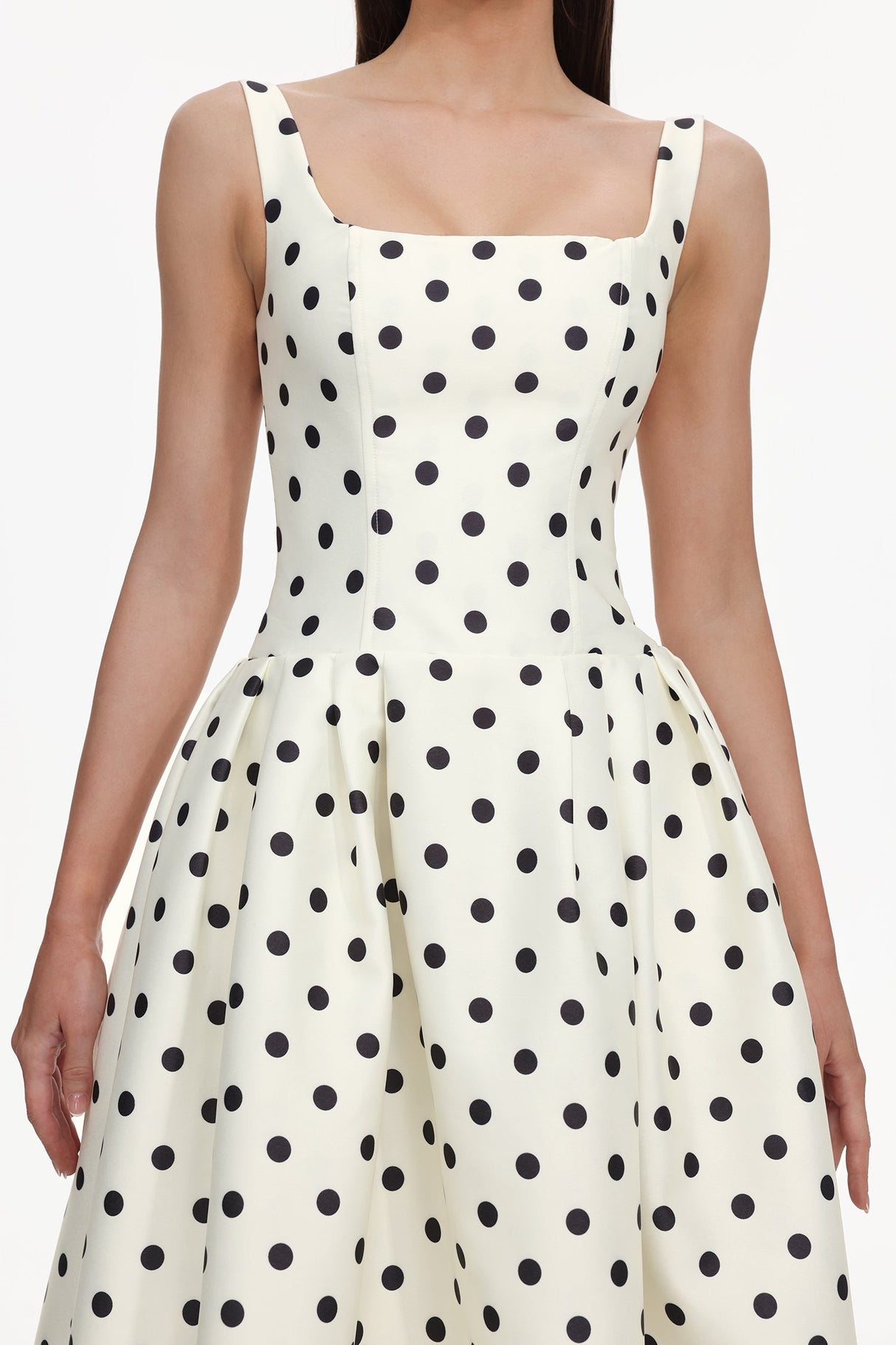 Genesis White Polka Dot Sleeveless Maxi Dress Square Neckline Elegant Playful Garden Party Evening Event High Quality Fabric Comfortable Chic Heels Sandals Versatile Stand Out Crowd