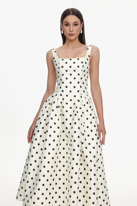 Genesis White Polka Dot Sleeveless Maxi Dress Square Neckline