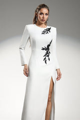 Genesis White Split Design Long Sleeve Beaded Floral Detail Dress