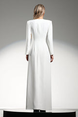 Genesis White Split Design Long Sleeve Floral Beaded Dress