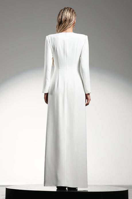 Genesis White Split Design Long Sleeve Floral Beaded Dress