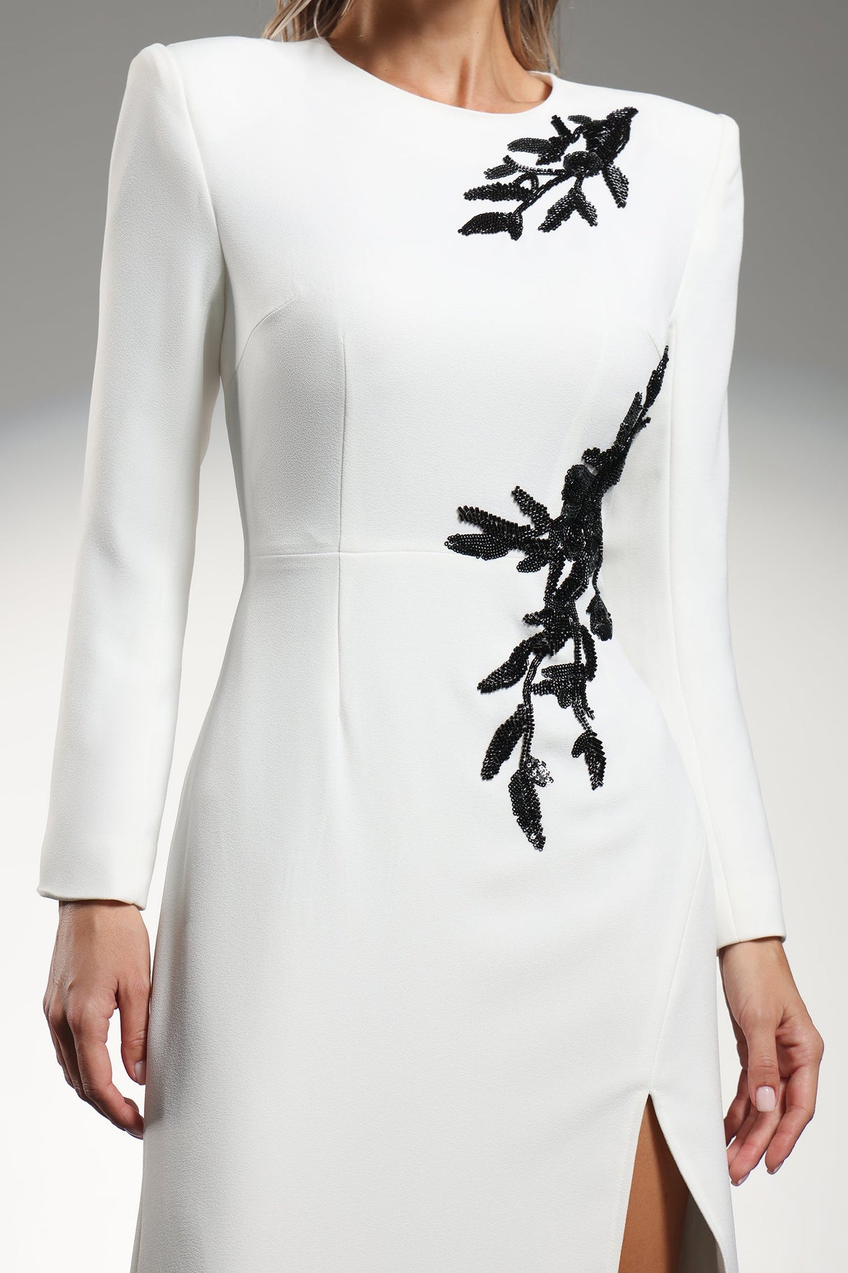 Genesis White Split Design Long Sleeve Formal Dress with Beaded Floral Detailing