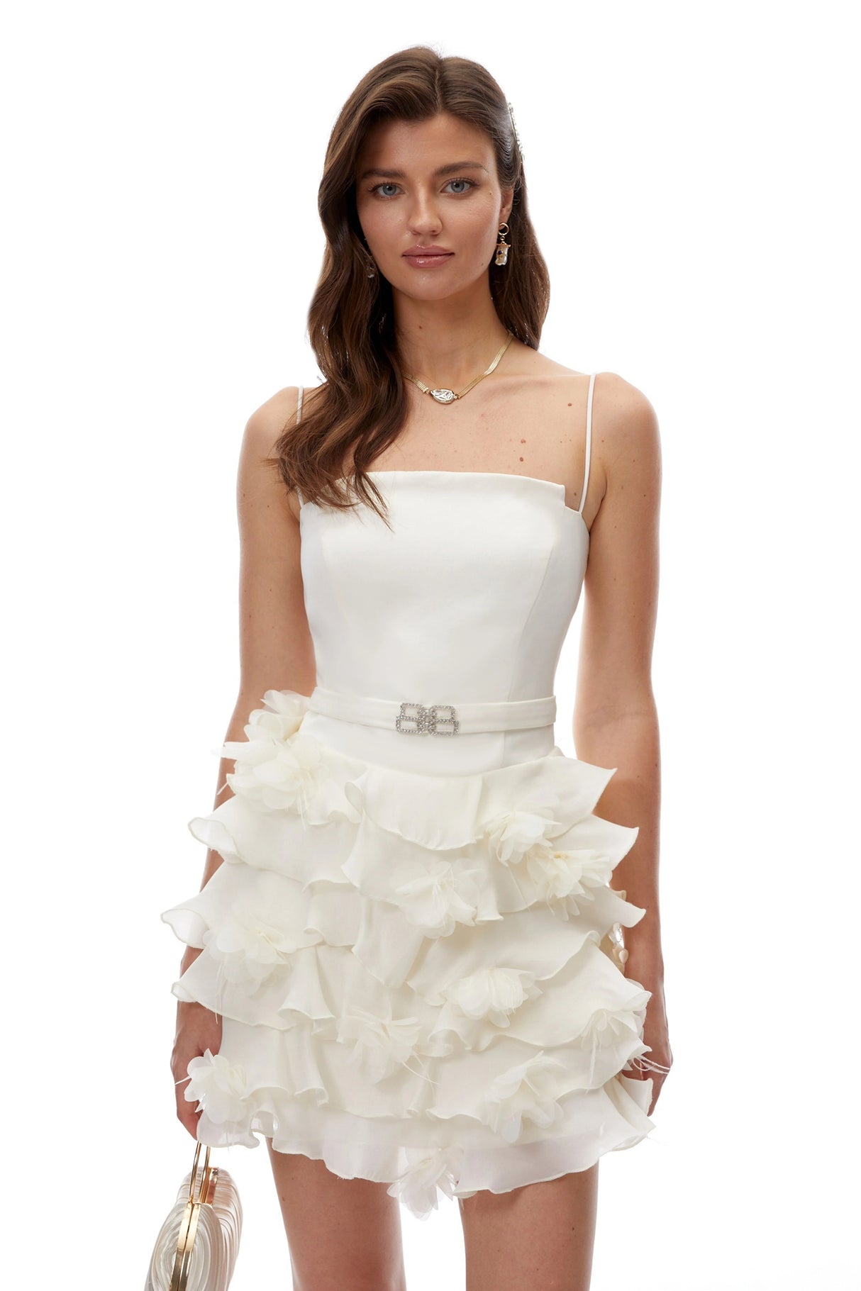 Geneva Neutral Strapless Ruffled Mini Dress