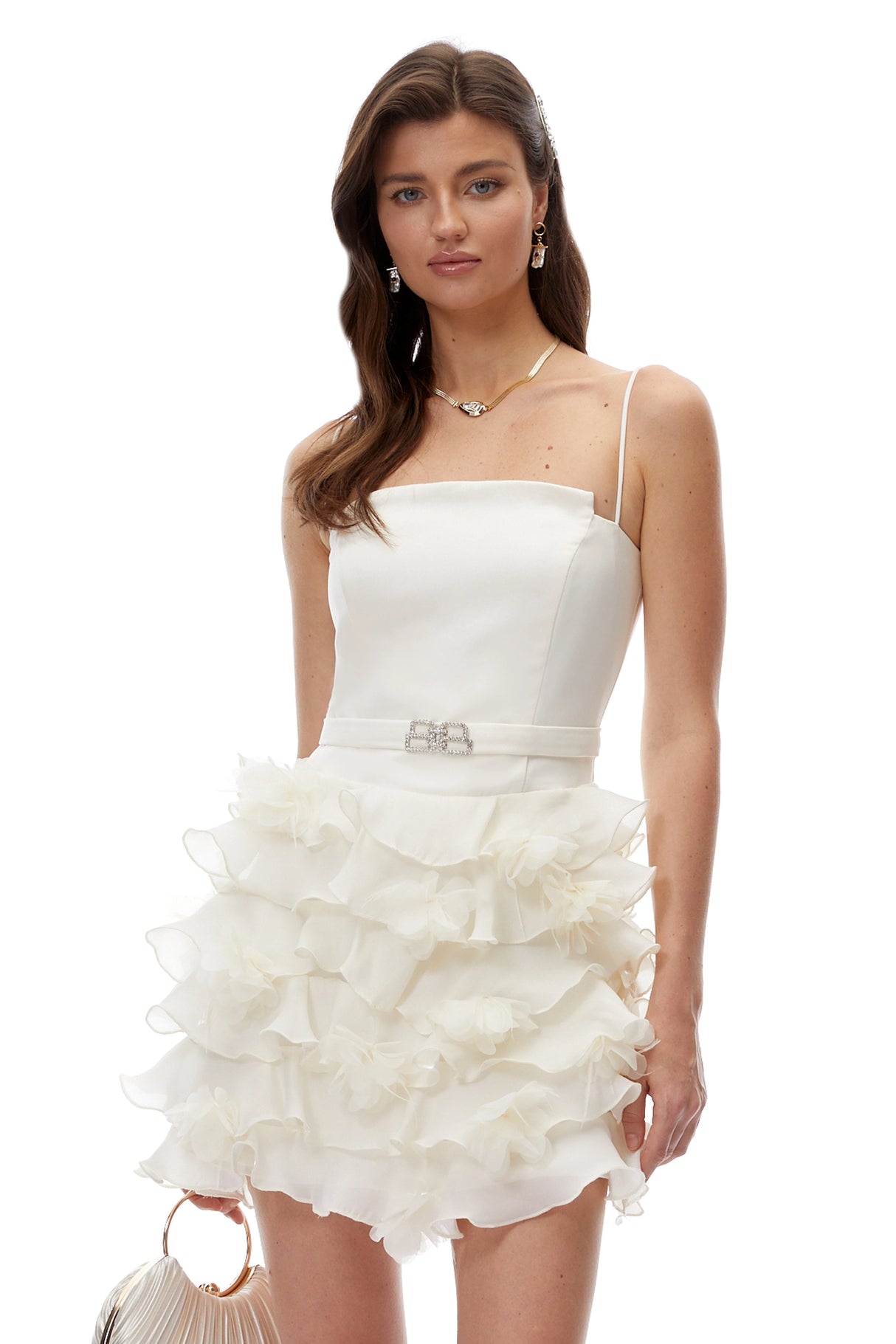 Geneva Neutral Strapless Ruffled Mini Dress