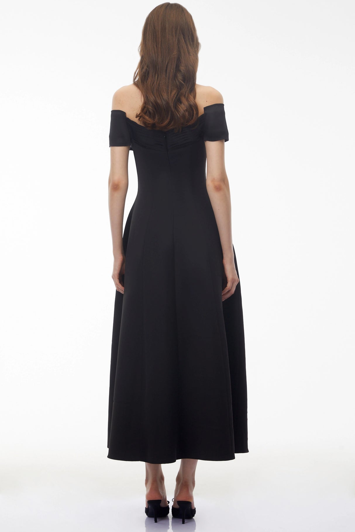 Genevieve Black Off Shoulder Fitted Midi Dress
