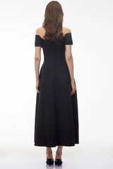 Genevieve Black Off Shoulder Fitted Midi Dress