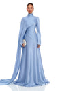 Genevieve Blue Ruched Maxi Dress with Cape