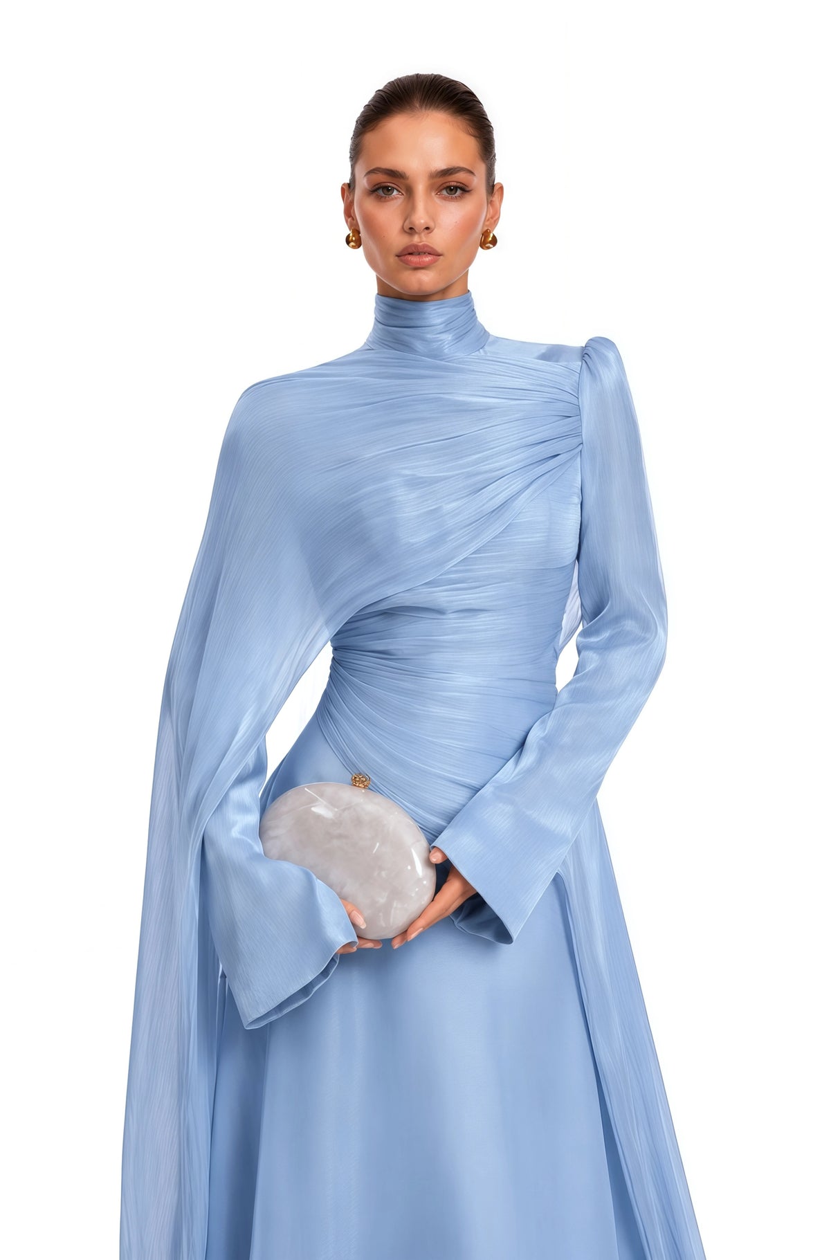 Genevieve Blue Ruched Maxi Dress with Cape